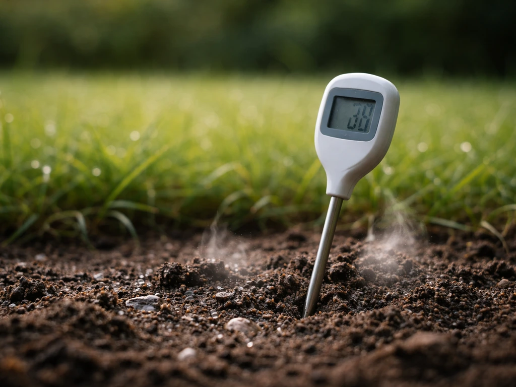 Close-up van een grondthermometer in nat gazon met enkele verdampende waterdruppels.