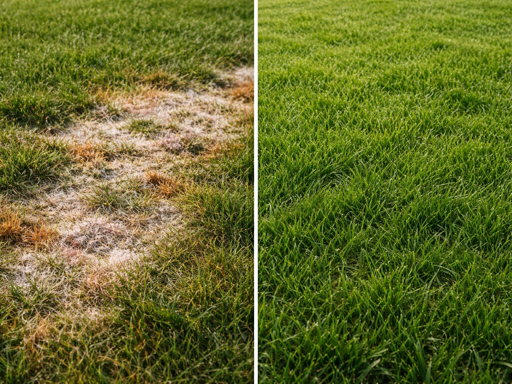 Voor/na in één beeld: grasvlek met duidelijke rand, daarna frisser gras na 1–2 weken