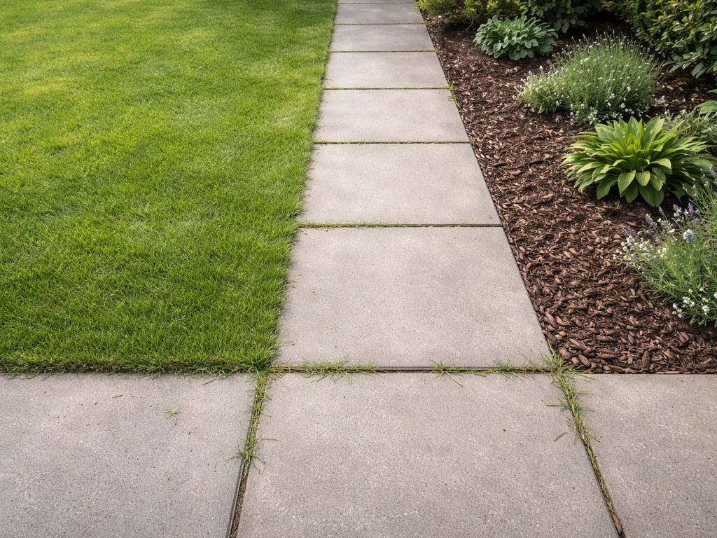 Bovenaanzicht van tuin met gazon, border en bestrating met gras bits en losse uitlopers tussen tegels
