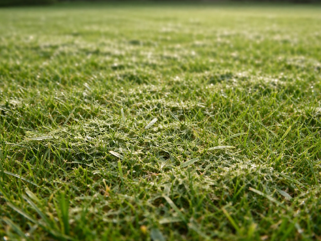 Close-up van maaisel en viltige grassnippers die na het maaien op een gazon achterbleven