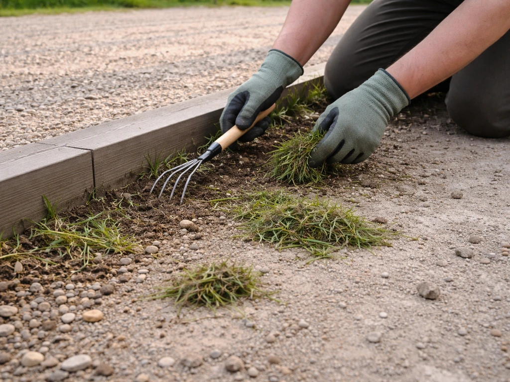 Handen die onkruid uit een zandige/grindrand trekken en losgeharkte grassnippers samenharken.
