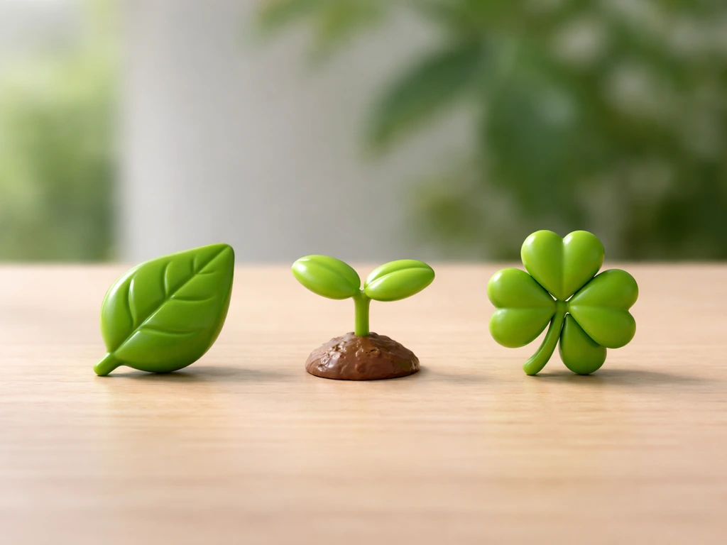 Drie emoji-achtige symbolen van gras: blad (🌿), zaailing (🌱) en klaver (🍀) naast elkaar in minimalistische setting