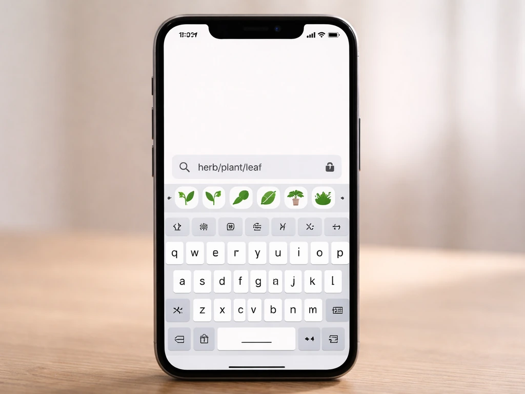 Close-up van een Android-emoji-toetsenbord in een tekstveld met zoekterm ‘herb/plant/leaf’ en gras-emoji’s.