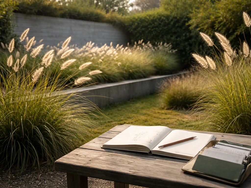 Nederlandse tuin met siergrassen met pluimen en een klein tuintafeltje met anonieme notities, zonder tekst.