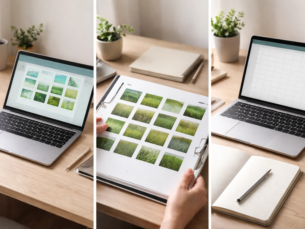 Minimalistische collage die drie ‘gras database’-betekenissen toont: scherm, overzicht met foto’s, en spreadsheet-achtig