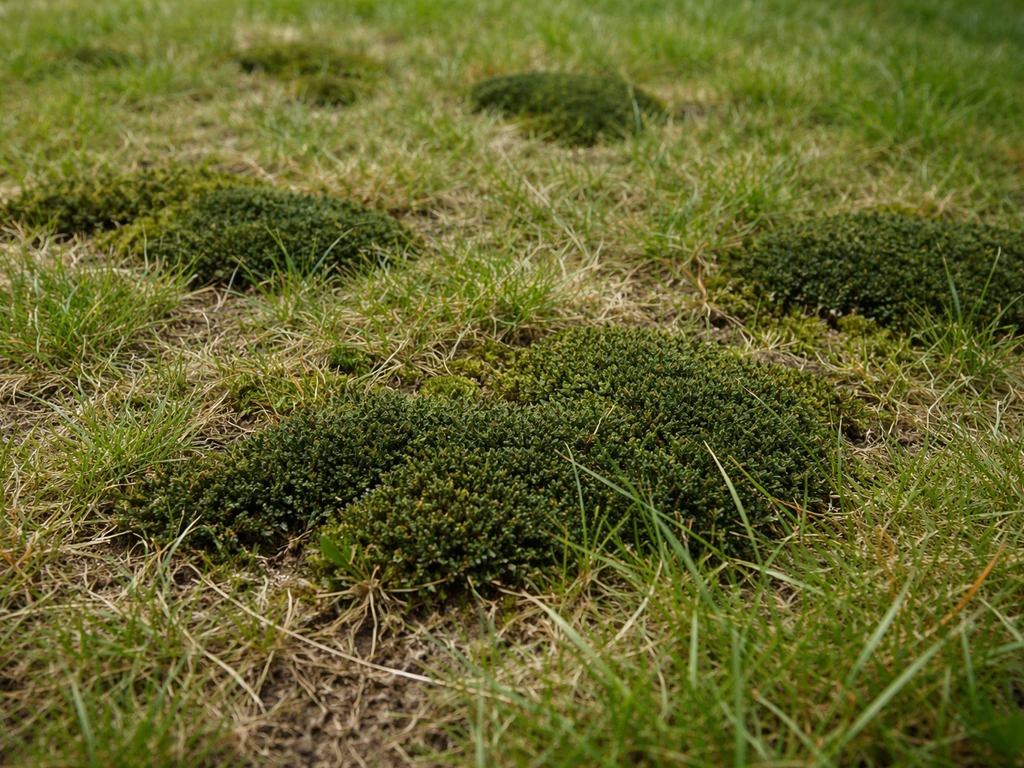Nederlands gazon met duidelijke mosplekken tussen het gras, close-up voor verwijdering en preventie