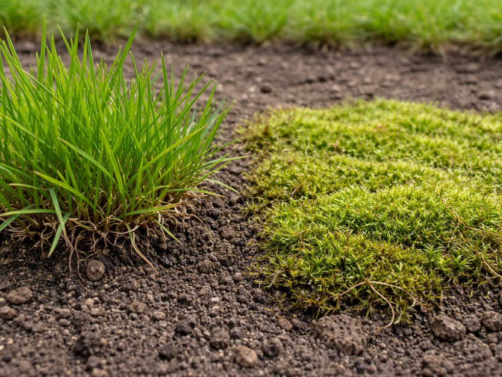 Close-up waarin gras met opgaande sprieten en mos als lage, zachte laag naast elkaar te zien zijn.