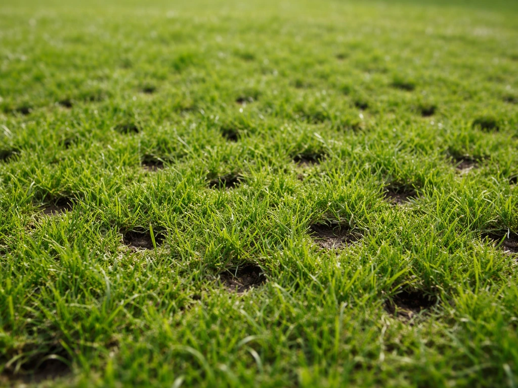 Beluchte grasmat met kleine beluchtingsgaatjes en fris herstel van grasgroei