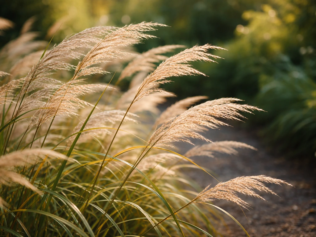 Close-up van wuivende miscanthus-siergrassen in een rustige Nederlandse tuin bij natuurlijk licht.