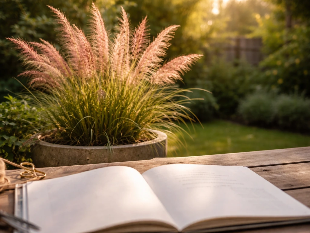 Siergras in een eenvoudige tuinsetting met een open tuinboek/kaart als inspiratiebron, fotorealistisch.