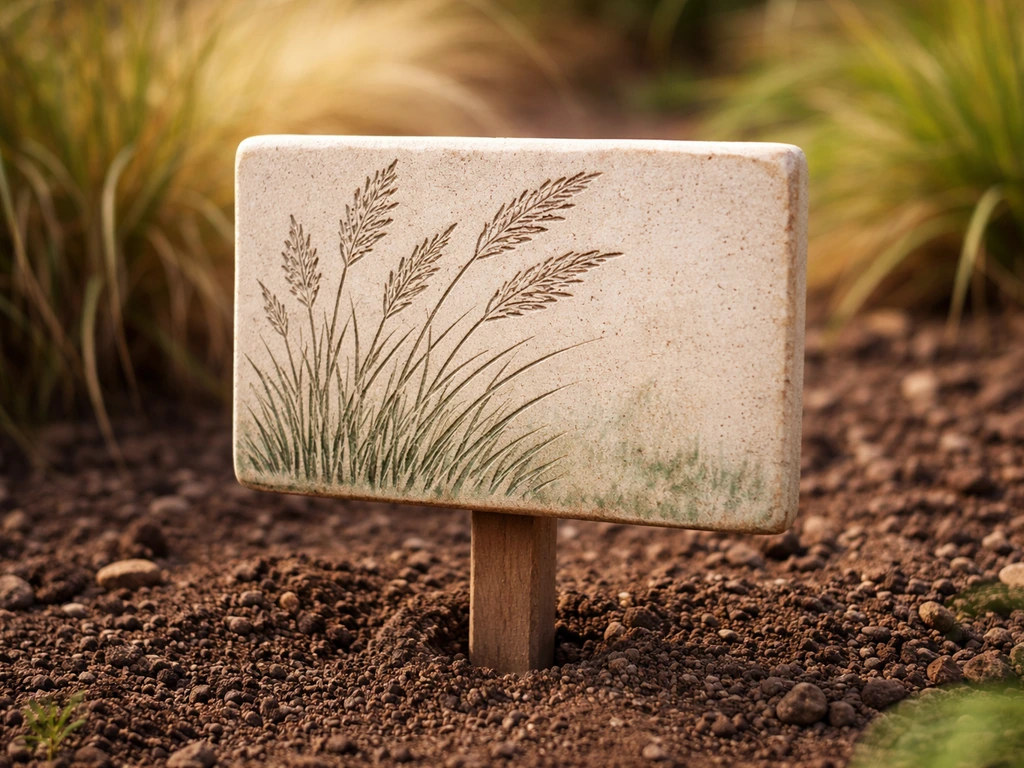 Close-up van een houten of keramische tuinprint met siergras in een rustige tuinopstelling.