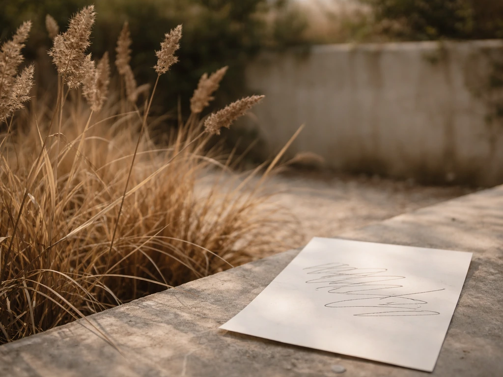 Droge miscanthusborder bij schemer, met moodboard-achtige achtergrond en los vel papier met handschrift