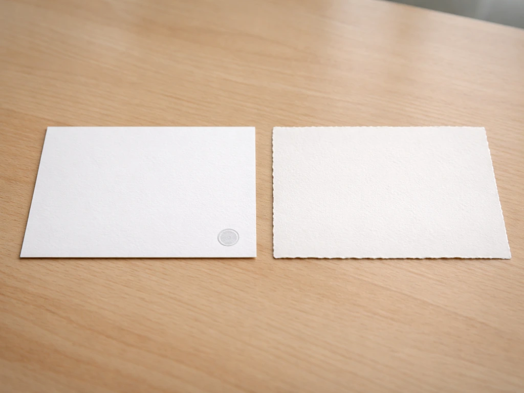 Twee voorbeeldkaarten naast elkaar op een houten tafel: links met bronvermelding, rechts als kopie zonder bron.