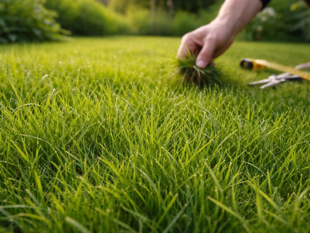 Nederlands gazon in groeiseizoen, met duidelijke grasdetail en subtiele tuincheck met hand en meetlint.