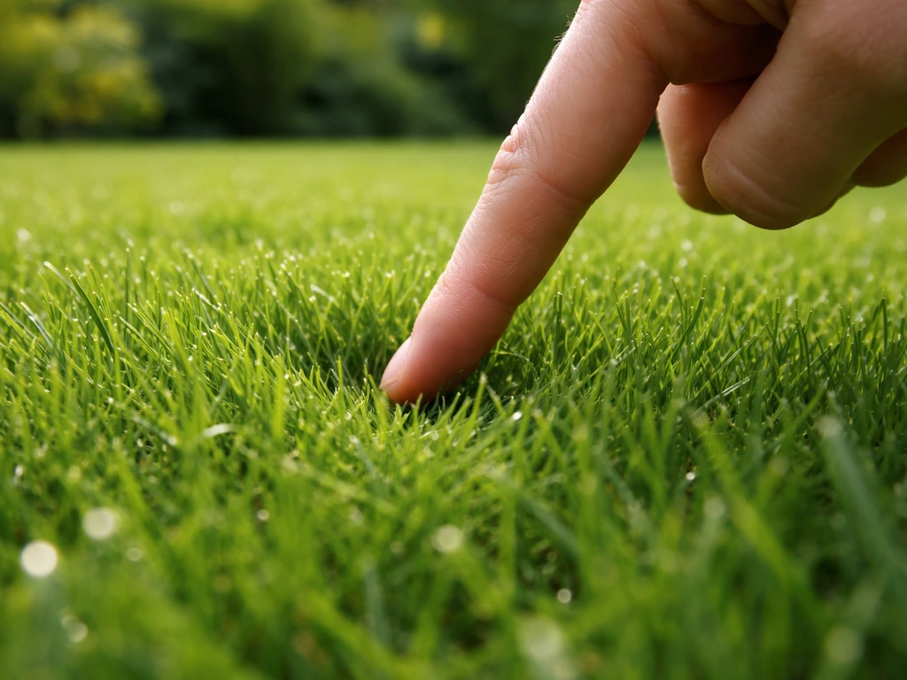 Vingertop drukt heldergroen gras licht in; het gras veert direct terug in de tuin.
