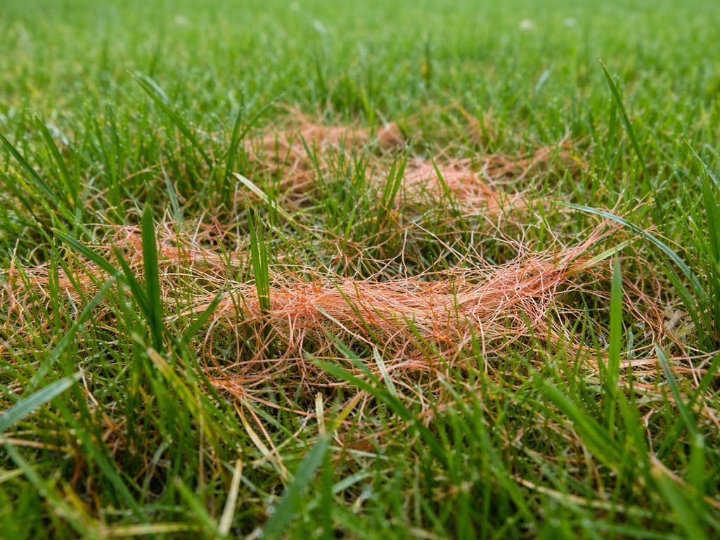 Close-up van gras met duidelijk zichtbare rood-draad schimmelplekken op een rustig gazon.