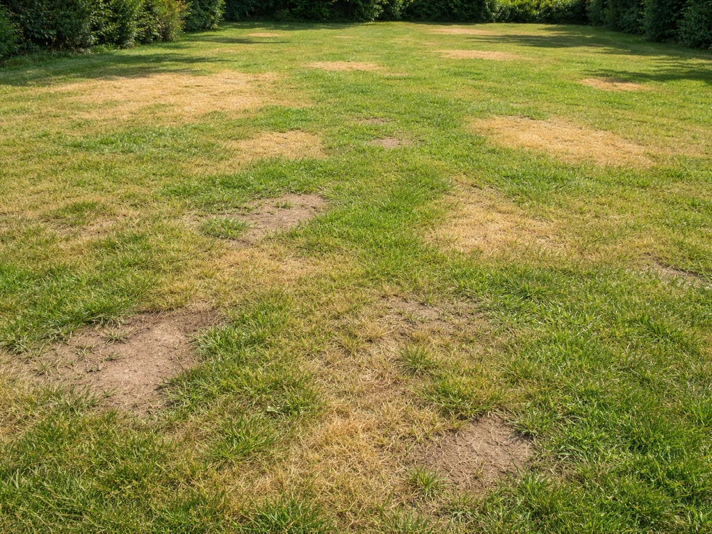 Zomer-gazon met gele, uitgedroogde en kale plekken die gras Q-problemen illustreren.