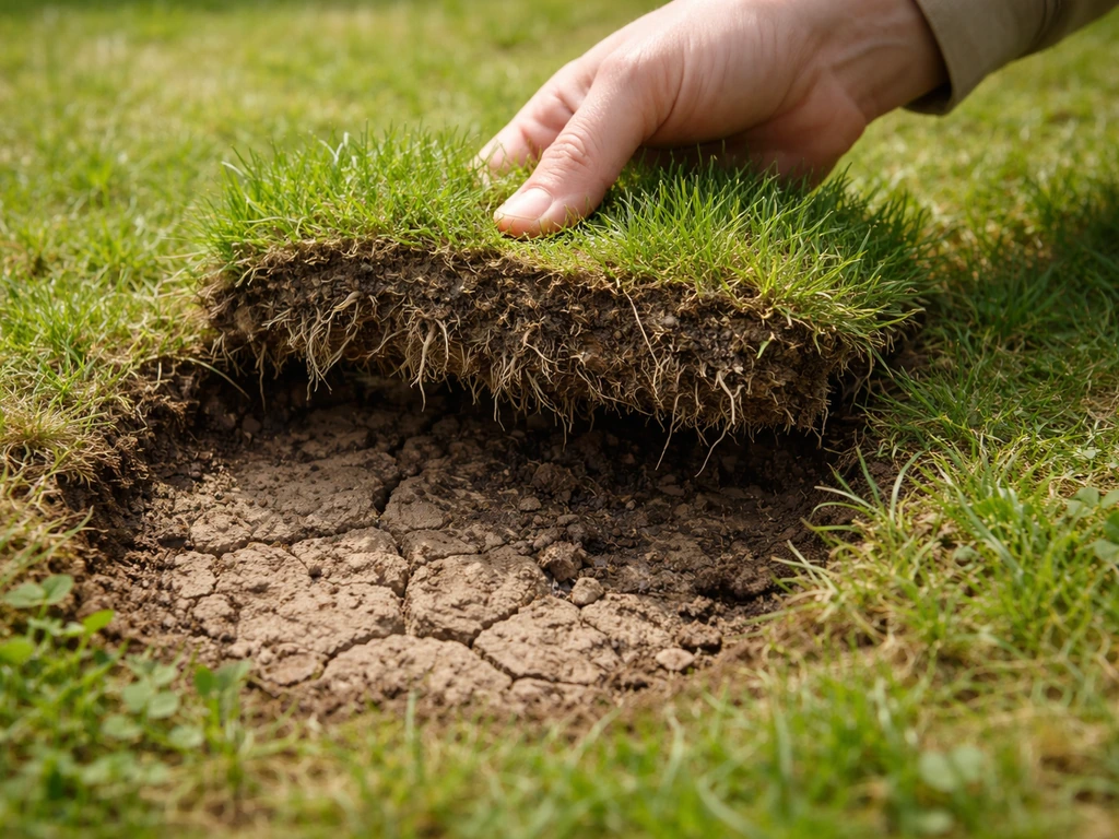 Anonieme hand tilt een graszode op en toont verdichte en te natte bodemstructuur met wortels.