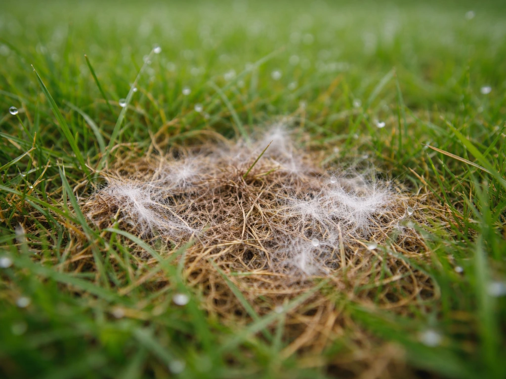 Roodbruine plekken met fijn wit schimmelpluis op een gazon, zichtbaar bij vochtig weer.