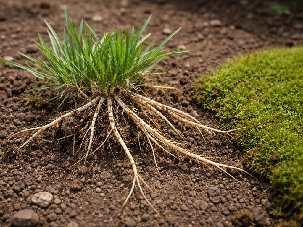 Close-up van uitgestoken kweekgraspol met wortelstokken naast een mosrand op tuinbodem.