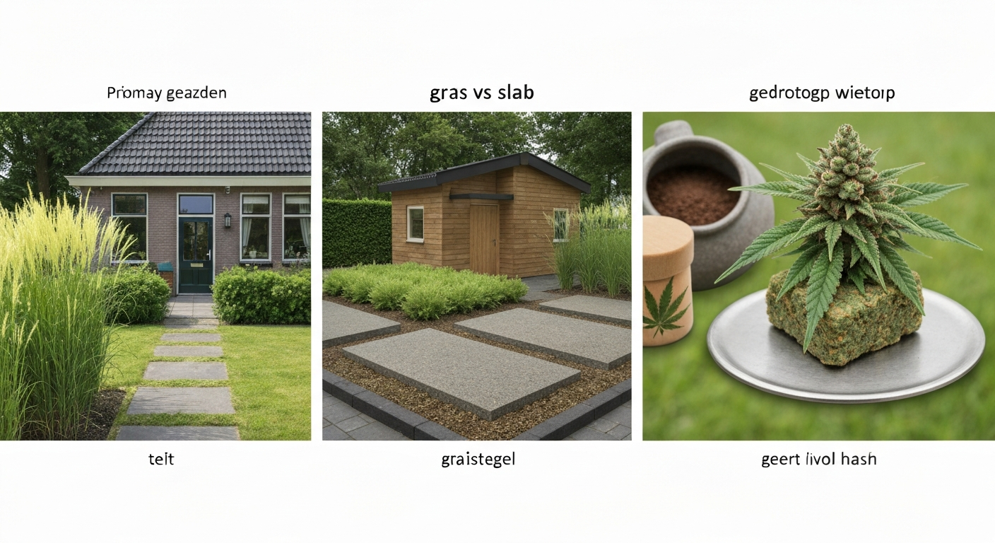 Splitbeeld: links Nederlandse tuin met gazon, grastegels en betontegels; rechts neutral educatieve close-up van gedroogde wiettop en geperst blok hasj.