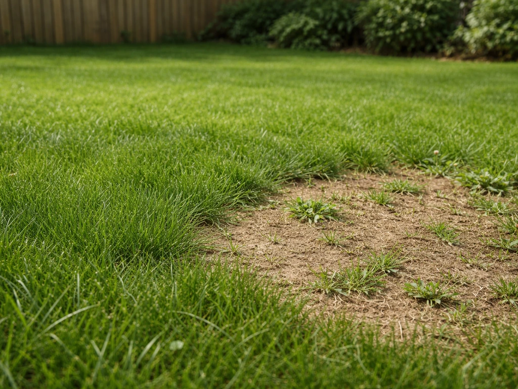 Afgebakend stukje gazon met dichte grasmat, een kleine kale plek en wat onkruid in de tuin.