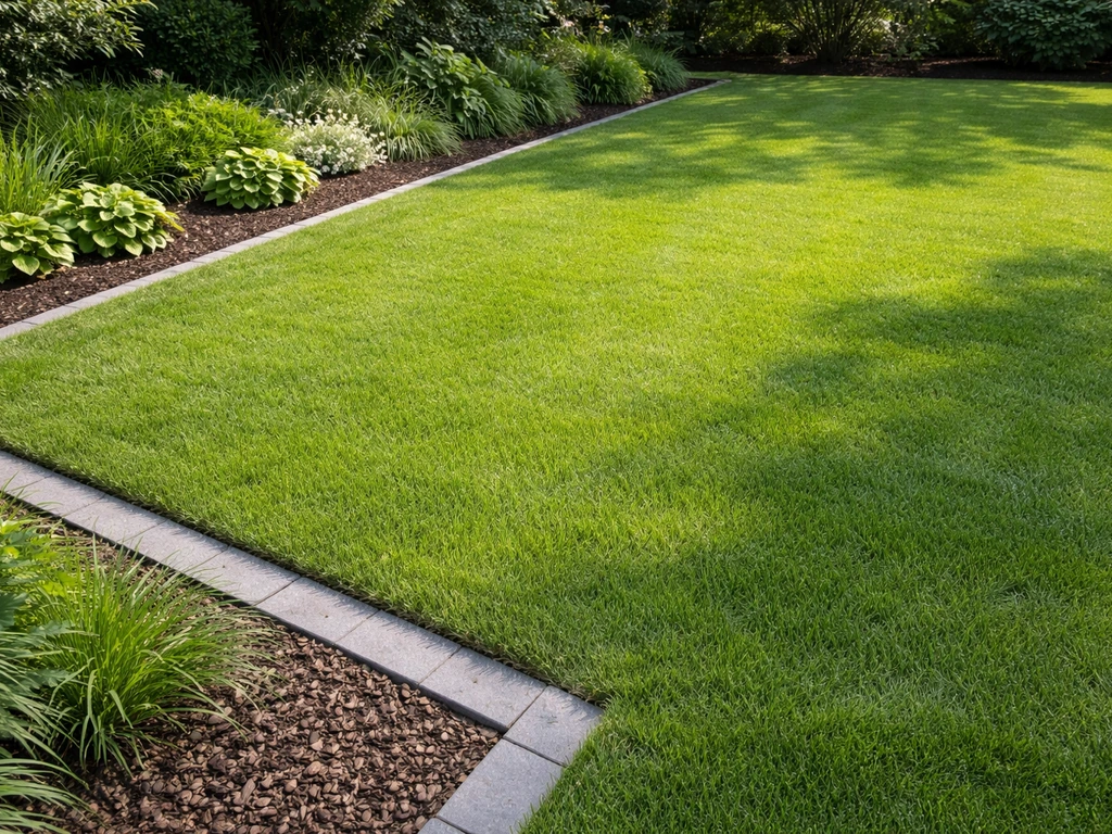 Strak functioneel gebruiksgazon met egale grasmat en duidelijke rand naast sierbeplanting.