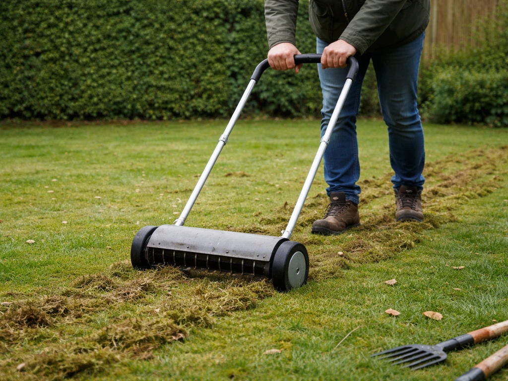 Tuinder verticuteert een Nederlands gazon met een verticuteermes, klaar voor het voorjaar