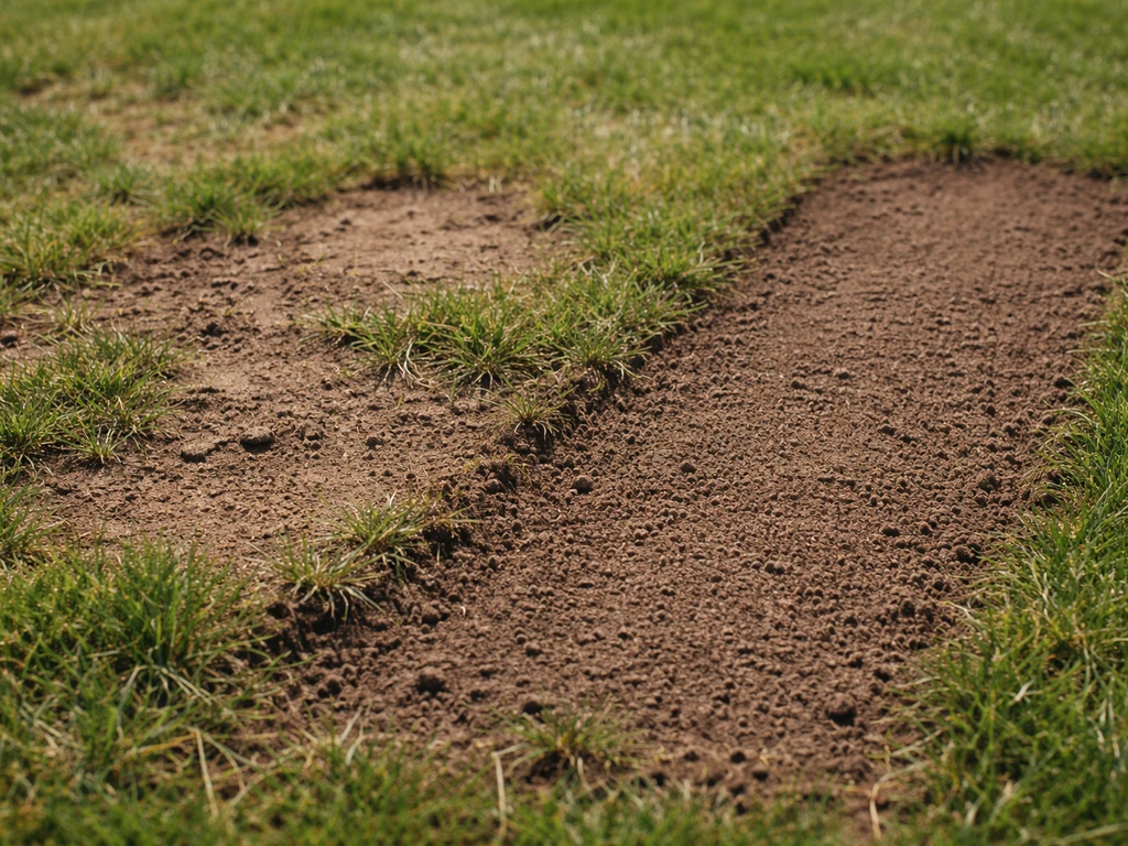 Close-up van kale plekken in een gazon met aangestreken grond en klaar om bij te zaaien