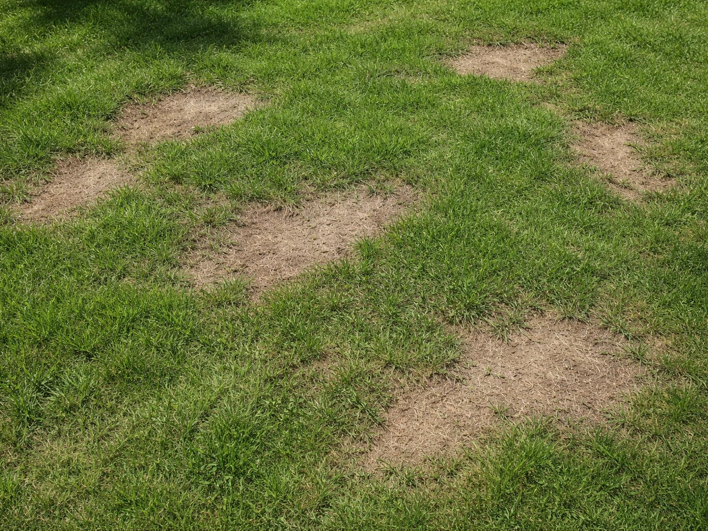 Bovenaanzicht van een gazon met duidelijke kale en dunne plekken, omringd door gezond groen gras