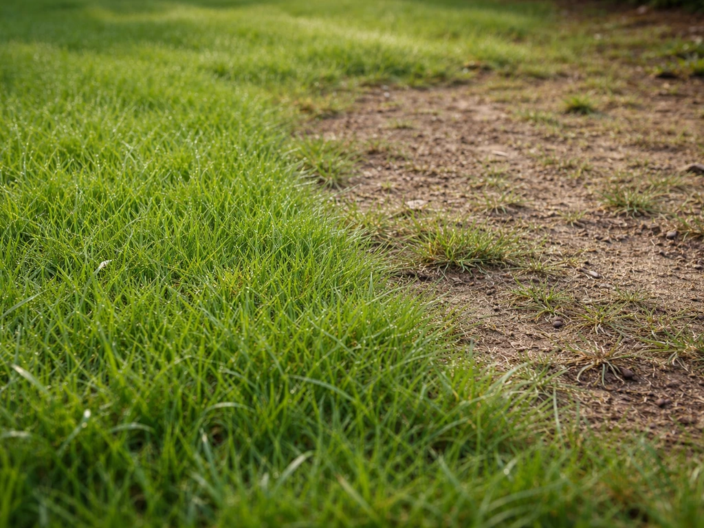 Zijaanzicht van dicht, gezond gras versus een kale plek waar het gras nauwelijks groeit