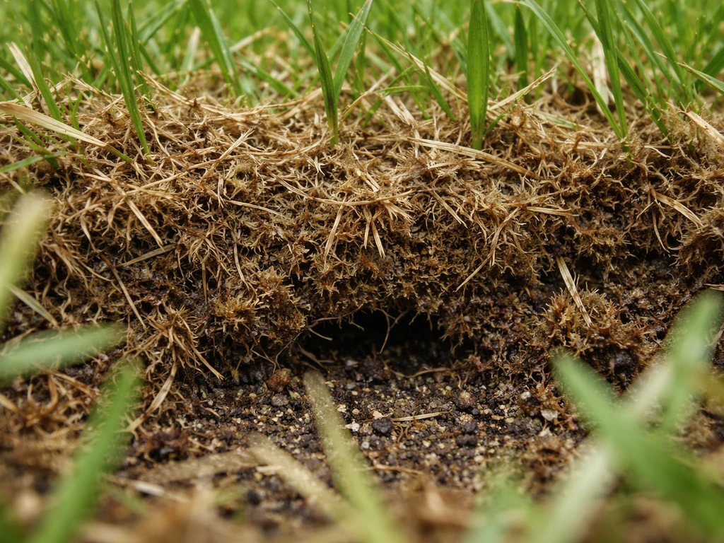Verticale close-up van een dikke viltlaag tussen grashalmen en bodem met bruinige afgestorven resten.