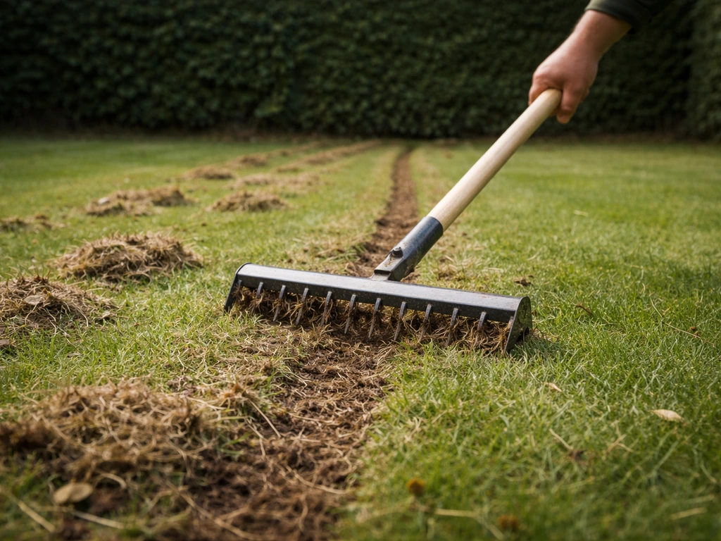 Tuinier verticuteert een gazon; vilt en plantenresten liggen na het losmaken op het gras.