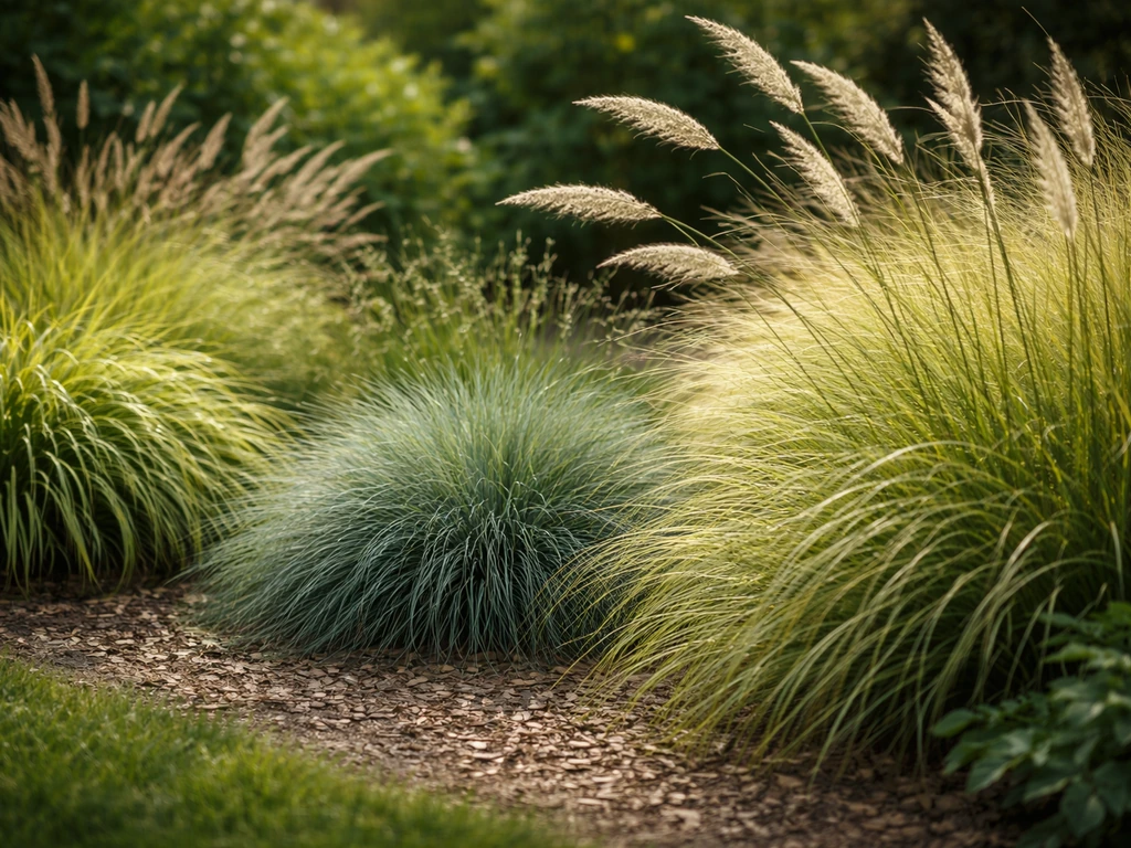 Close-up van een tuinborder met volumineuze 3D-siergrassen die diepte geven door perspectief.