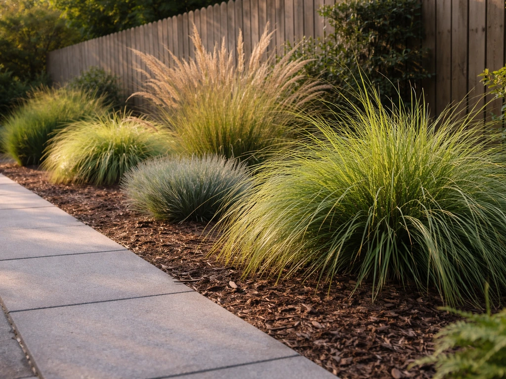Sfeervolle tuinborder met meerdere siergrassen, ruimtelijk zichtbaar langs een licht pad bij daglicht.