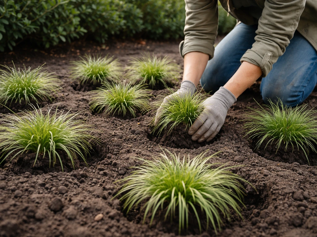 Tuinier plant siergrassen in groepjes in een beplantingsvak voor een 3D-volume-effect