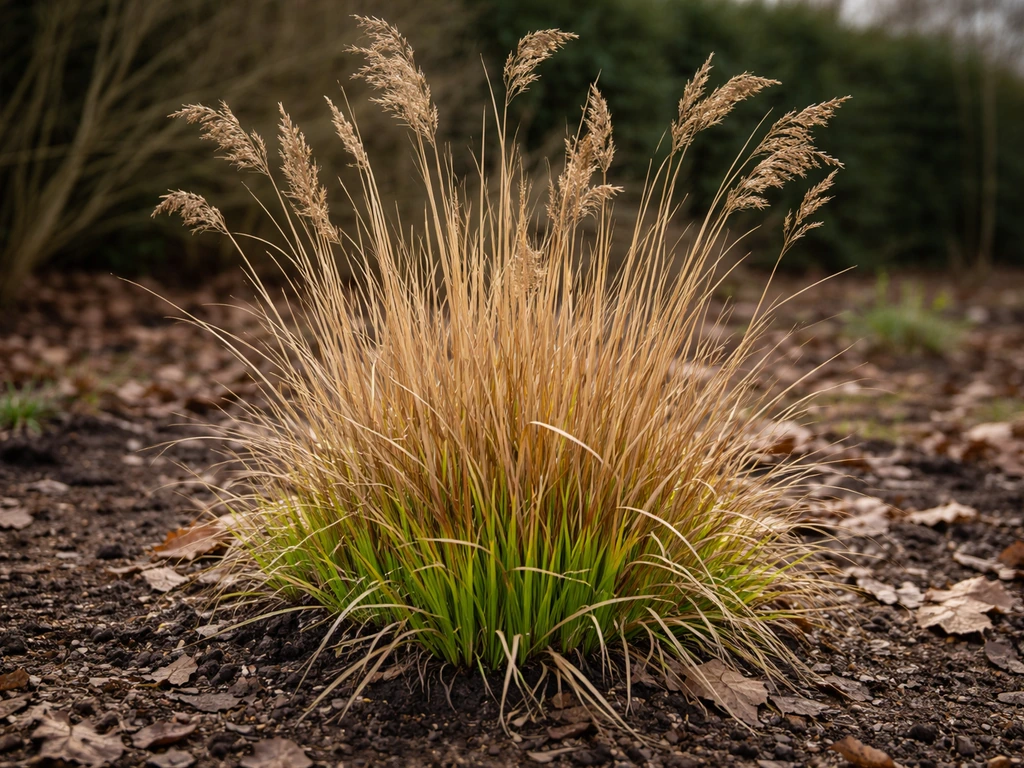 Siergras in februari/maart met oude bruine halmen en fris nieuw groen onderaan in een stille tuin