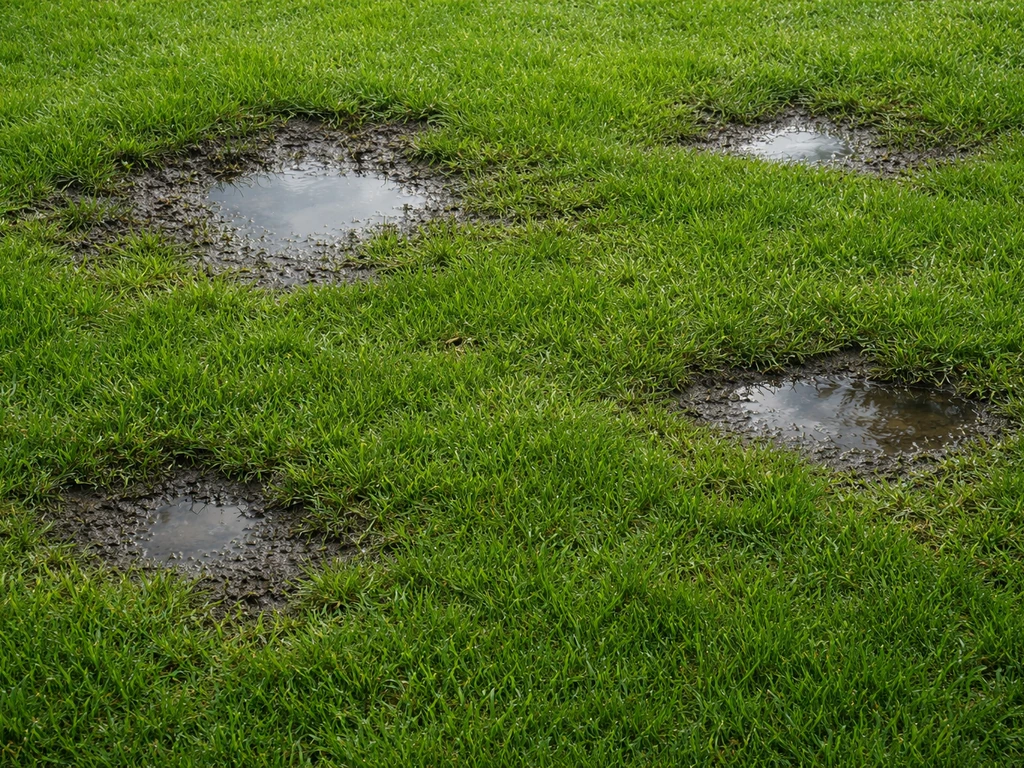 Bovenaanzicht van een gazon met duidelijk natte plekken en kleine plassen in het gras.