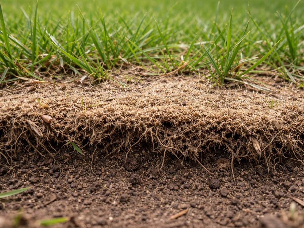 Close-up van een grasmat met een dikke, pluizige en sponsachtige viltlaag van vergaan gras
