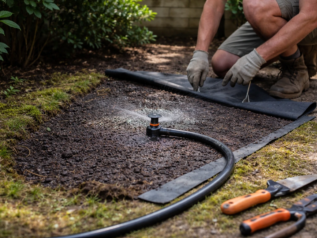 Tuinier schermt een natte, schaduwrijke graszone af terwijl een beregeningsslang met kop wordt ingesteld.