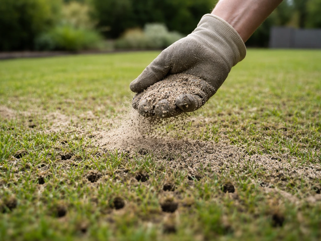 Hand strooit dun zand- of compostmengsel over een recent belucht gazon met kleine gaatjes.