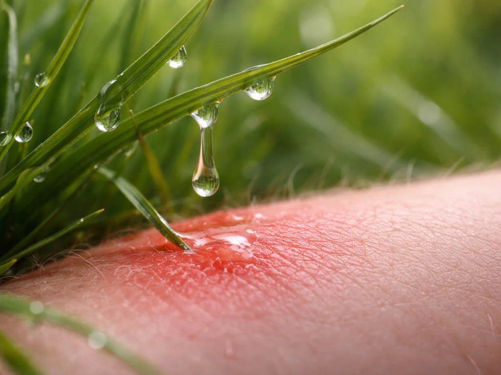 Close-up van groen gras met zichtbaar gras sap en een klein geïrriteerd vlekje op een huidoppervlak