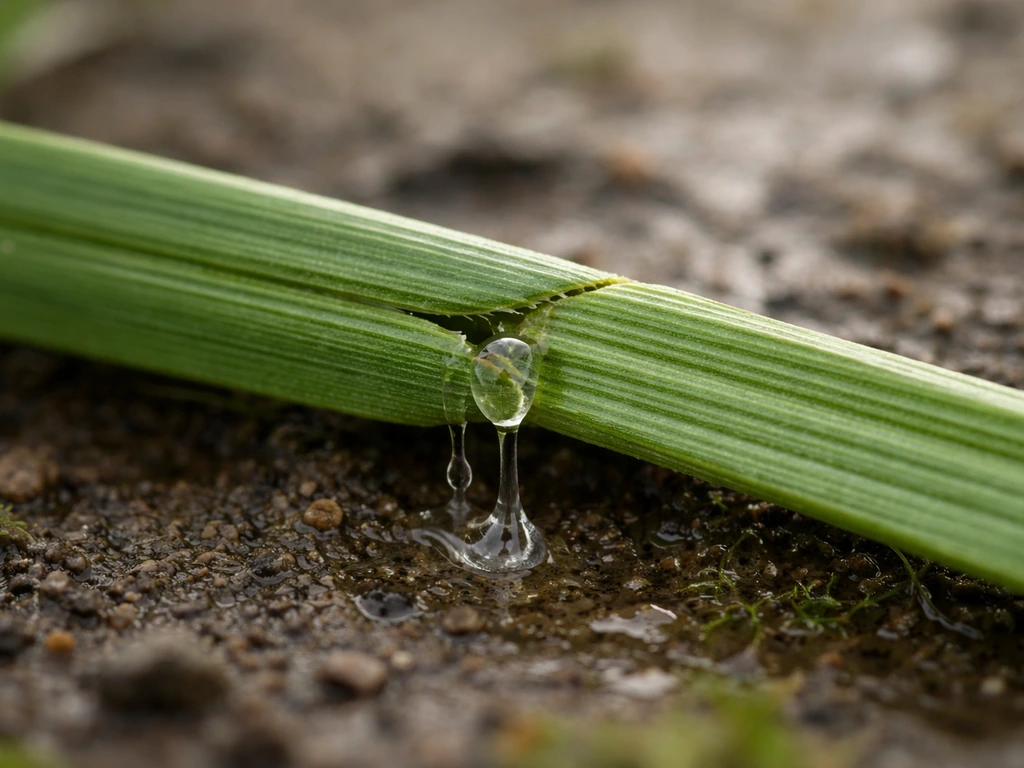 Close-up van groen grasblad met zichtbaar plantensap dat uit een beschadigde plek sijpelt.