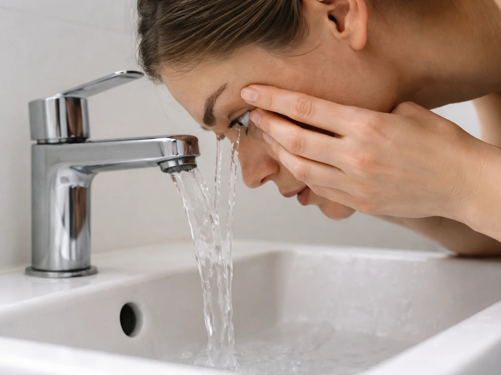 Persoon spoelt het open oog met lauw stromend kraanwater, water stroomt van neus naar buitenkant.
