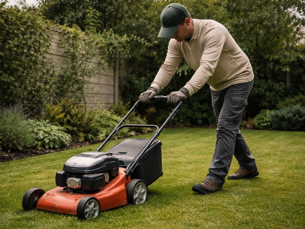Tuinier met beschermende kleding maait gras, met lange mouwen, lange broek en handschoenen in een rustige tuin.