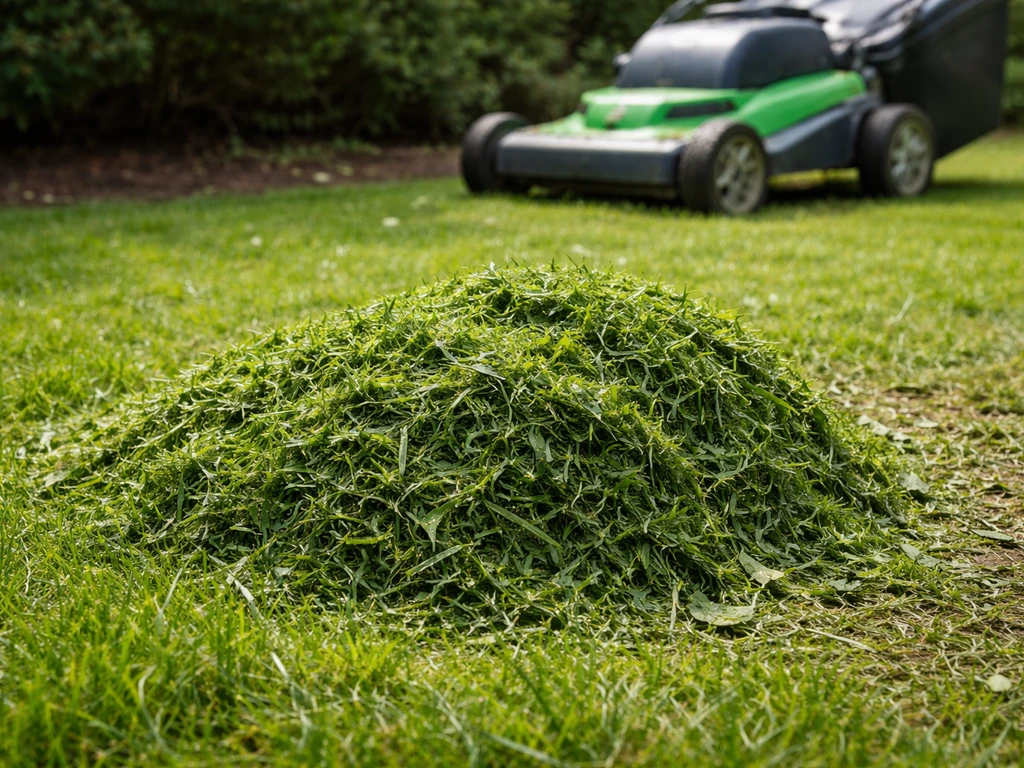 Close-up van net gemaaid gras op een kleine grasstapel met een mulchmaaier die er vlak langs maait.