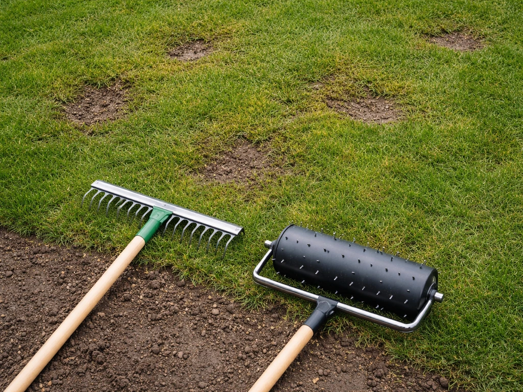 Bovenaanzicht van een NL-gazon met mos en kale plekken, met verticuteerhark en beluchtingsprikker naast dicht groen gras