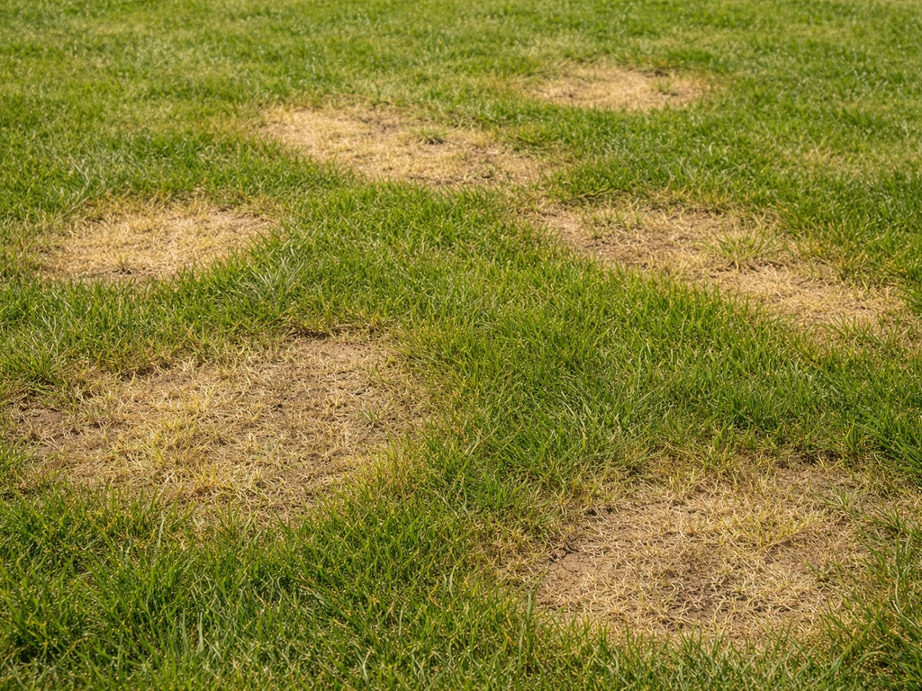 Close-up van geel en lichtgroen gras met duidelijke vlekken en stroken, als patroon voor snelle diagnose.