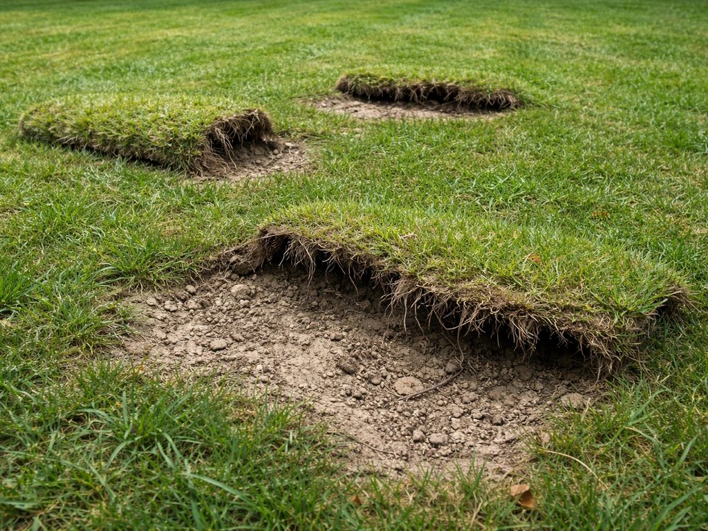Gazon waar losse zoden omhoog komen met beschadigde wortelresten en kale plekken, als teken van plagen.