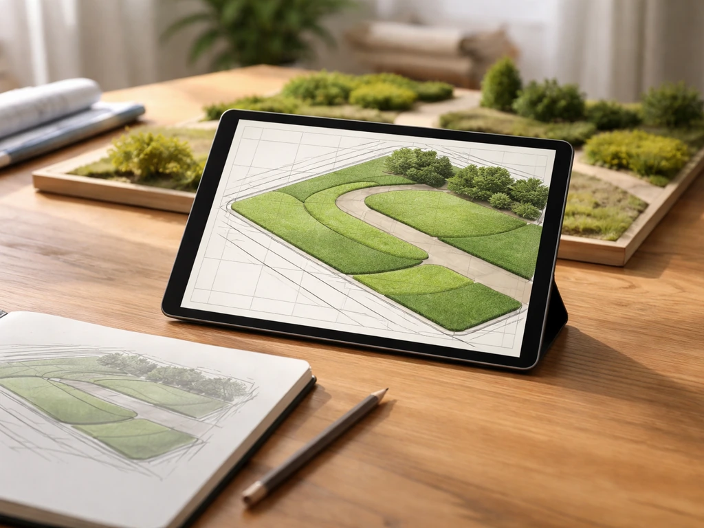Minimalistische werkbank met een CAD-achtige gras-DWG op scherm en een klein tuinmodel op de achtergrond.